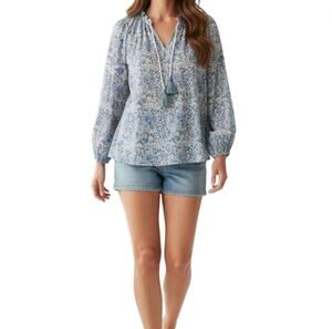 FRYE Floral Tassel Tie Gauze Blouse-Tunic Sz XL Country Cottage Cowgirl Coastal